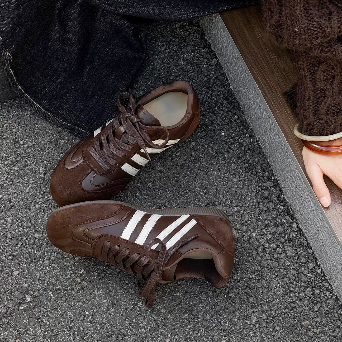 真皮版~5CM内增高复古德训鞋女秋冬美拉德加绒休闲板鞋运动阿甘鞋主图