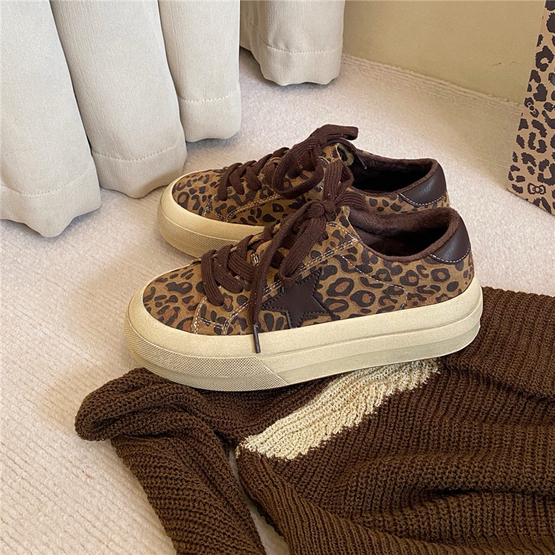 牛皮版~增高5cm厚底豹纹毛毛休闲鞋女新款复古小脏鞋加绒星星板鞋主图