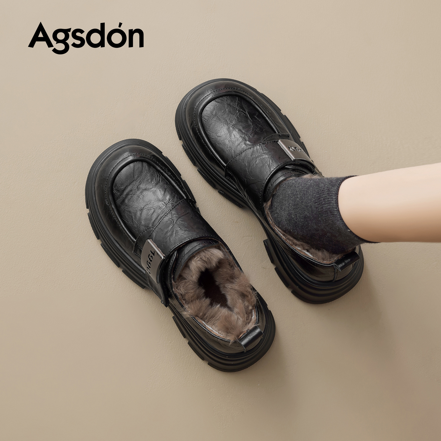 奥古狮登加绒乐福鞋女2025冬季新款黑色保暖棉鞋百搭雪地靴小皮鞋主图