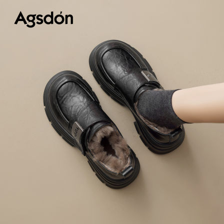 奥古狮登加绒乐福鞋女2025冬季新款黑色保暖棉鞋百搭雪地靴小皮鞋