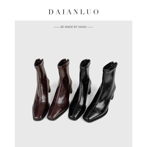 【跟高6cm】秋季新款高跟短靴女瘦瘦靴弹力靴女粗跟方头裸靴显瘦靴主图