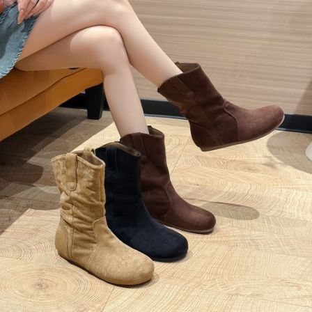 软底复古风勃肯短靴女2025秋冬新款马丁靴平底内增高褶皱堆堆靴女