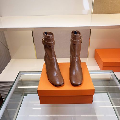 范戈希跟6cm牛皮复古港风粗跟后拉链气质筒靴方头百搭短靴买1赠3主图