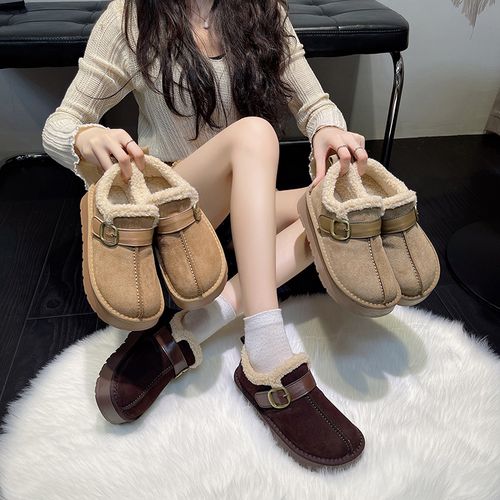 2025冬新款百搭厚底加绒乐福勃肯毛毛鞋雪地靴女棉鞋短靴子078主图