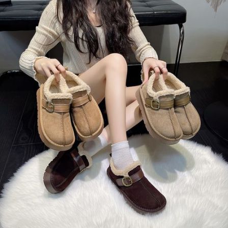 2025冬新款百搭厚底加绒乐福勃肯毛毛鞋雪地靴女棉鞋短靴子078