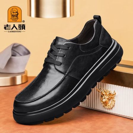 老人头秋冬新款头层牛皮休闲皮鞋增高加绒保暖全黑软底男鞋乐福鞋