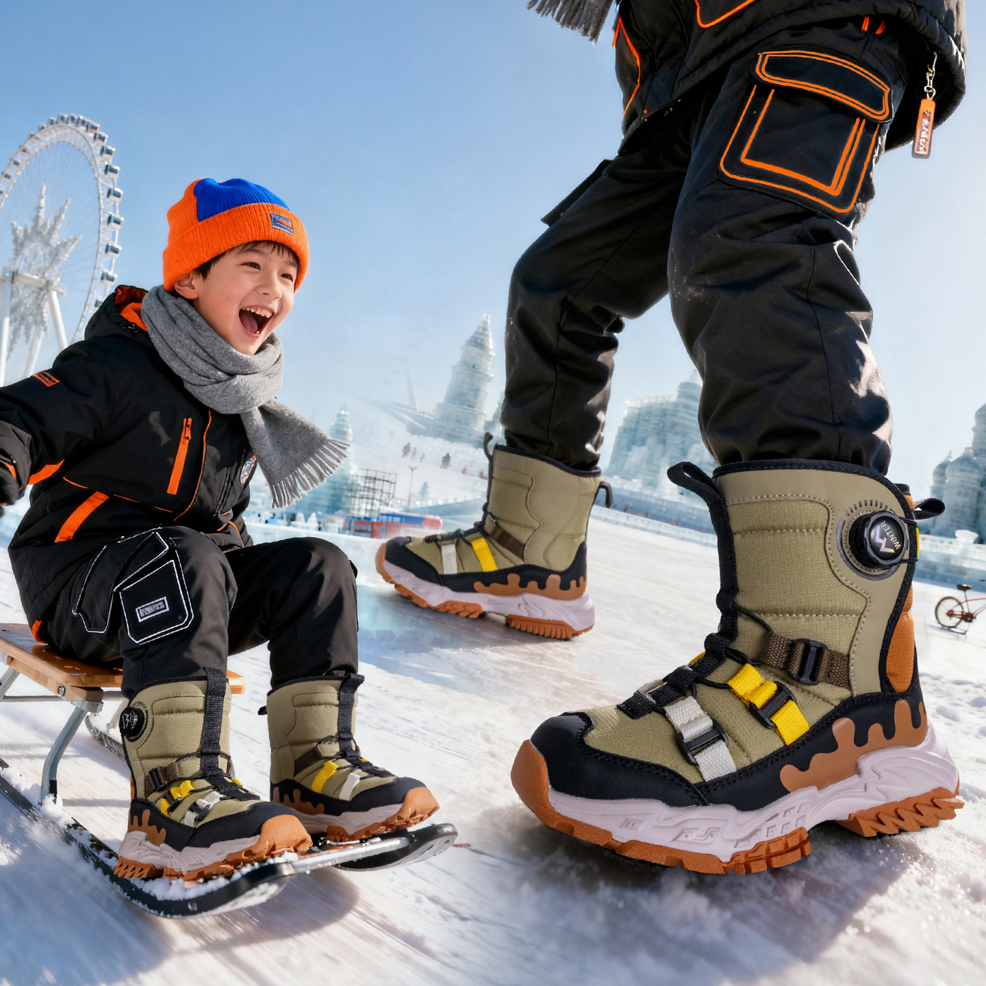 保暖雪地靴儿童加绒加厚防寒靴防水防滑冬季东北男女童旅游大棉鞋主图
