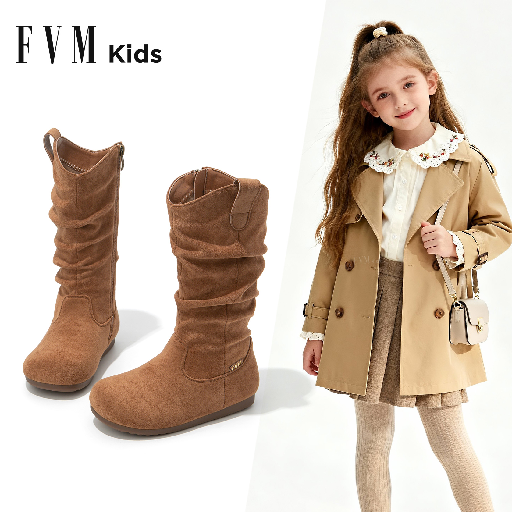 FVM女童鞋子儿童马丁长筒长靴子2025秋冬季新款加绒二棉堆堆皮靴主图