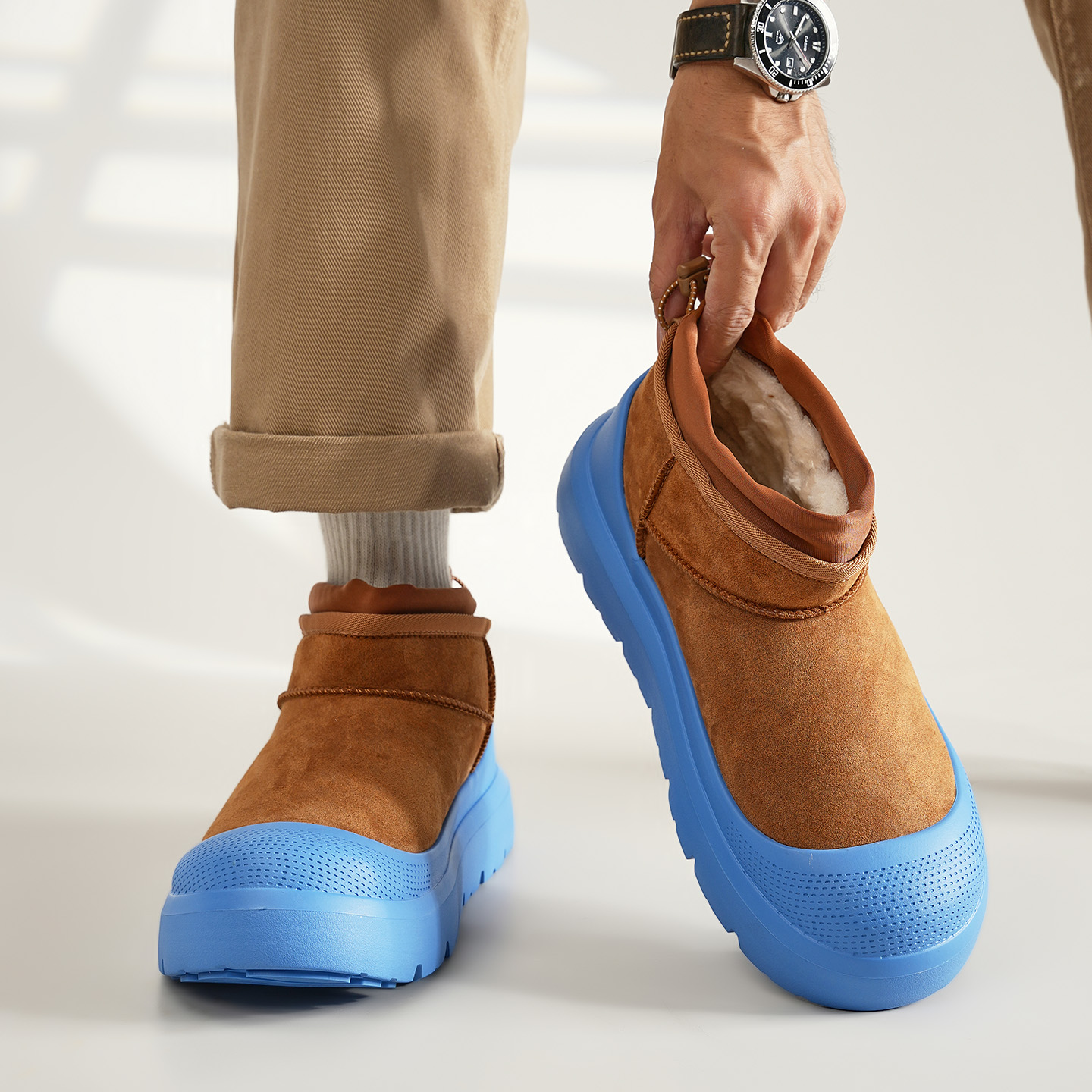 男女同款蓝色厚底雪地棉短靴加绒加厚皮毛一体冬季情侣套筒大棉鞋主图