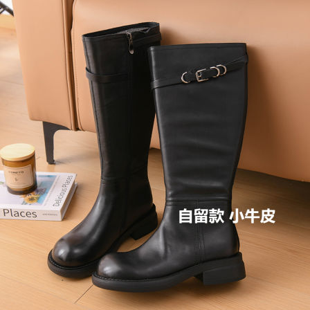 明星同款 小牛皮圆头长靴侧拉链秋冬显瘦显高百搭黑色真皮骑士靴