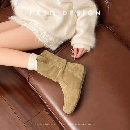 真皮方巷大叔2025秋冬爆款褶皱感斜口骑士靴女爆款平底显瘦短筒靴