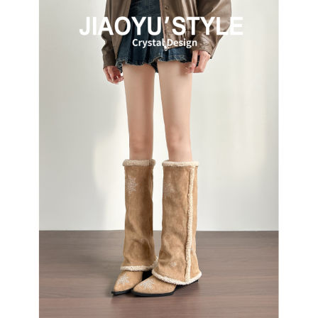 真皮~骄屿雪地靴女冬季新款尖头厚底裤管靴羊羔绒加绒保暖长筒靴