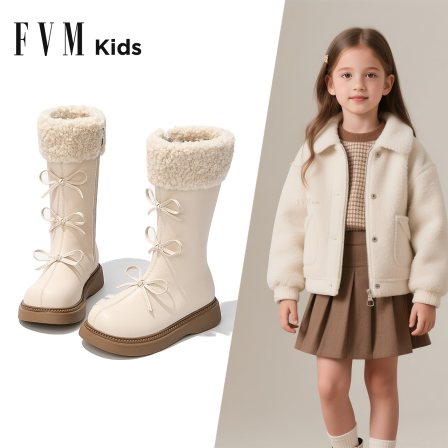 FVM女童鞋子儿童白色加绒马丁长筒长靴子2025新款秋冬季雪地靴