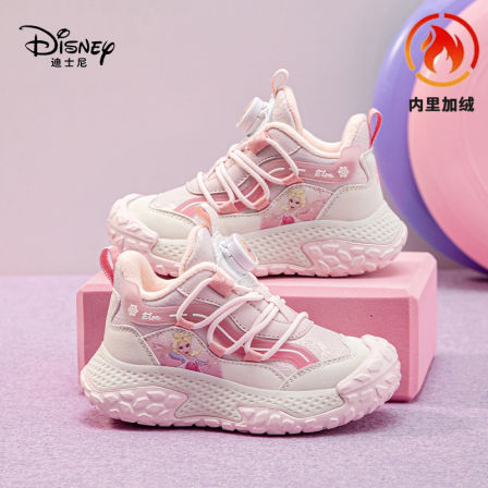 迪士尼女童棉鞋秋冬季新款加绒二棉保暖皮面艾莎公主儿童运动鞋子
