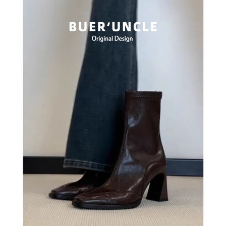 法式复古高跟瘦瘦短靴女2025新款冬季美拉德方头粗跟弹力马丁靴