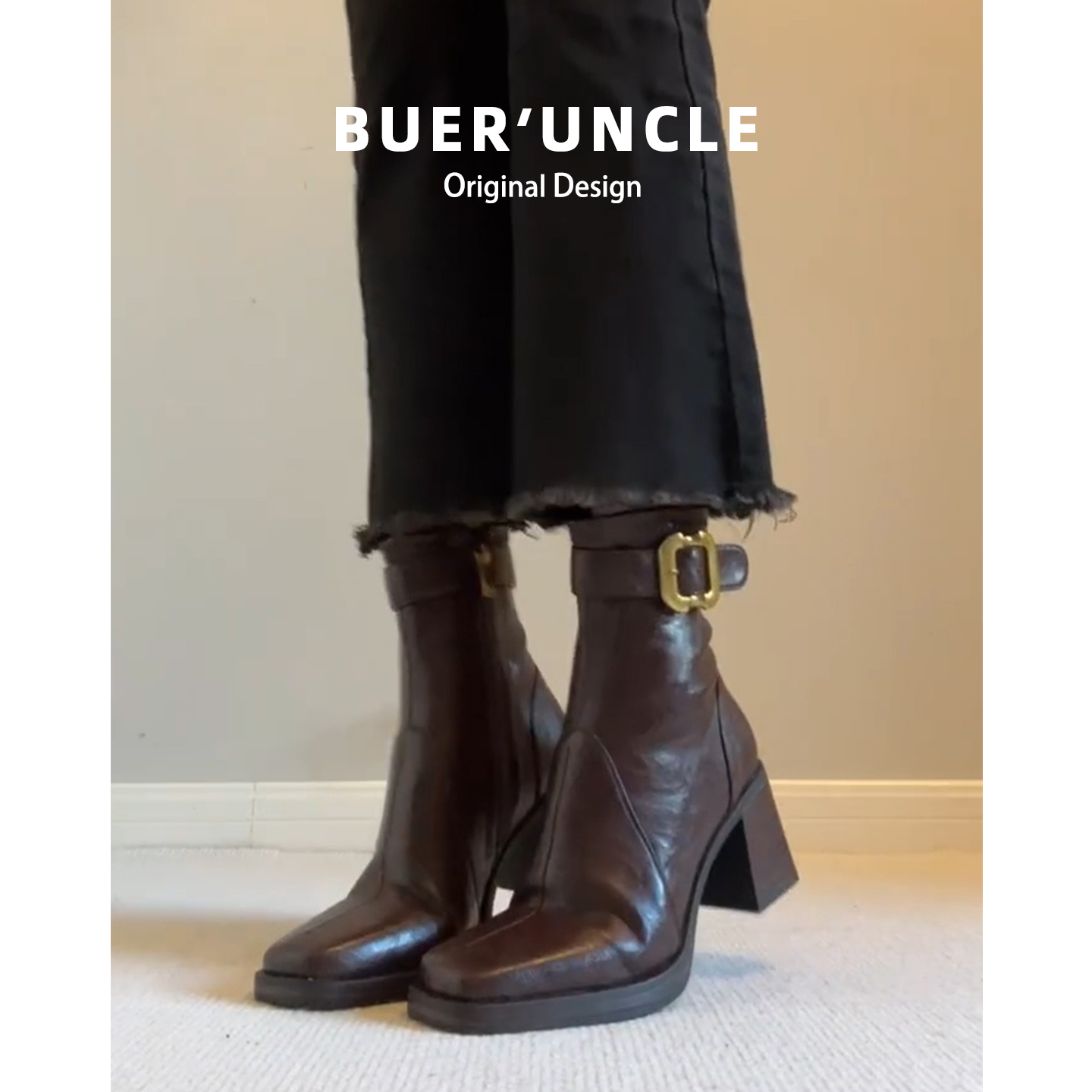 真皮版~方头高跟短靴女2025秋冬季新款加绒瘦瘦靴粗跟马丁靴子主图