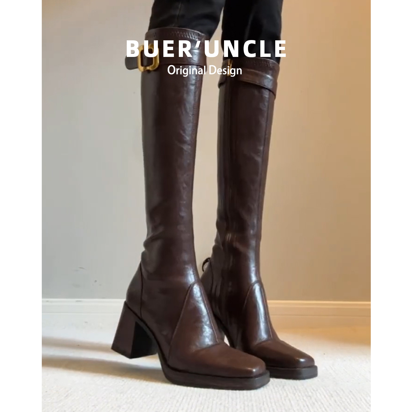 真皮！粗跟长筒靴女2025秋冬季新款美拉德高筒黑色高跟骑士长靴主图