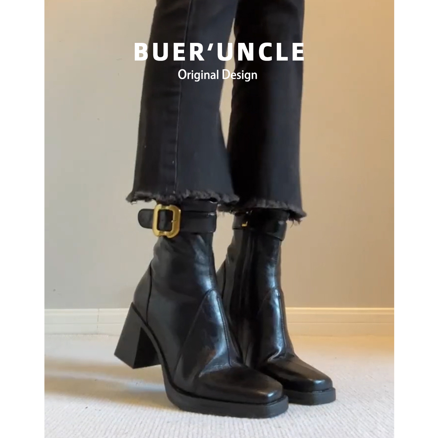 真皮版！法式高跟短靴女2025新款秋冬季美拉德黑色粗跟瘦瘦马丁靴主图