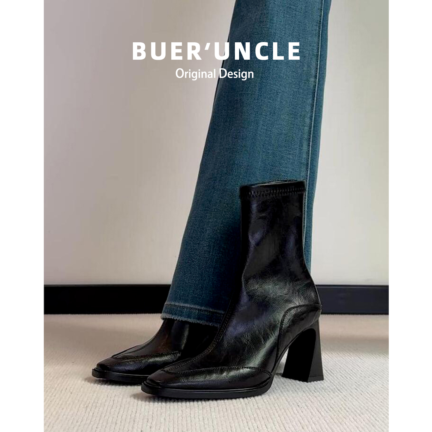 羊皮版！法式气质高跟短靴女冬季2025新款后拉链黑色弹力瘦瘦靴主图