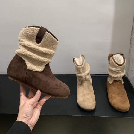 真皮法式复古加绒内增高短靴女2025秋冬新款厚底羊羔毛褶皱西部靴