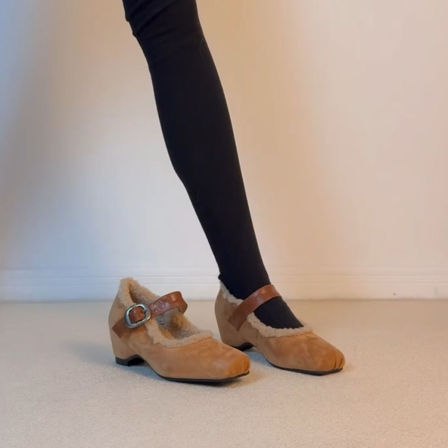 羊皮版~复古温柔简约一字带玛丽珍鞋女内增高方头加绒芭蕾风单鞋