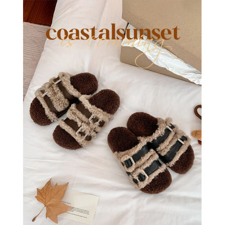 【绿皮卡】厚底加绒一字带毛毛鞋女外穿2025新款保暖露趾勃肯拖鞋