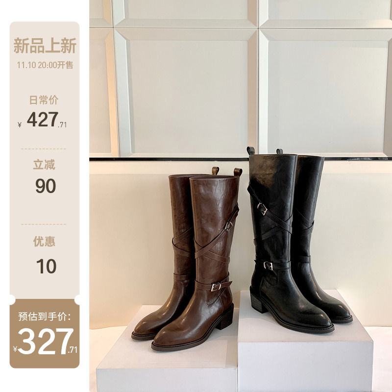 【sheii苏茵茵】二妹扣子靴~尖头交叉扣带粗跟中高筒长靴女骑士靴主图