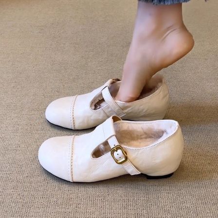 牛皮版~法式可爱风内增高玛丽珍鞋女T字带扣真皮加绒秋冬时尚单鞋