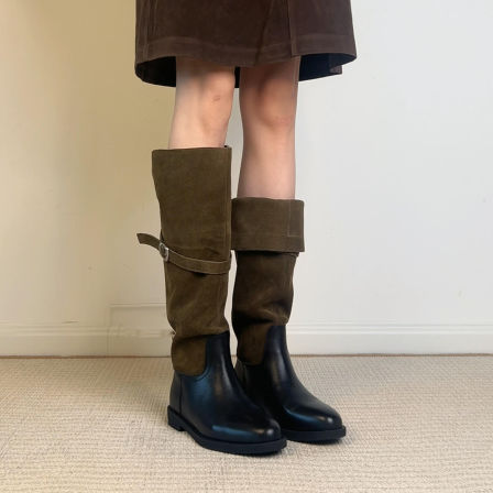 牛皮版~美拉德时髦复古真皮拼接显瘦骑士靴女圆头宽筒皮带扣长靴