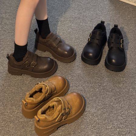 贾不假乐福鞋女2025新款秋冬季加绒棉鞋厚底小皮鞋皮带扣豆豆鞋子