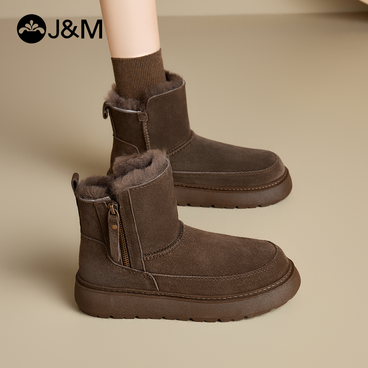 J＆M/快乐玛丽真皮雪地靴女2025冬季新款加绒加厚保暖羊毛棉鞋女主图