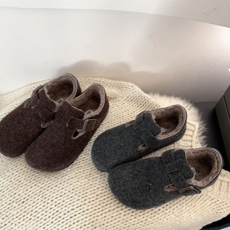 素陌冬季新款毛呢勃肯鞋包头拖鞋皮毛一体加绒保暖雪地靴20161