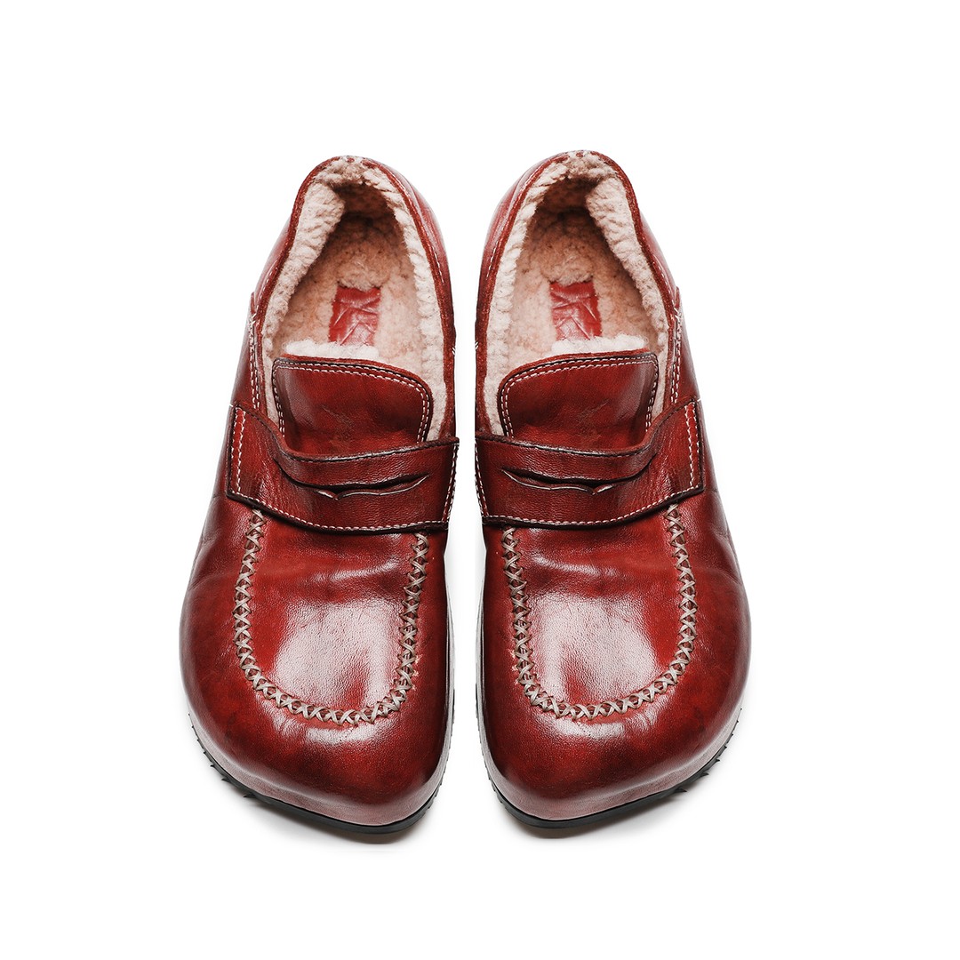 【kuurcce】水洗马皮博肯手工编织厚底乐福鞋复古通勤小皮鞋女鞋主图