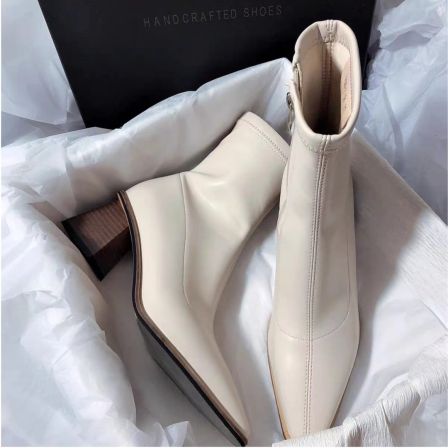  2025新款高跟气质尖头瘦瘦靴粗跟简约英伦百搭韩版复古短靴D096 