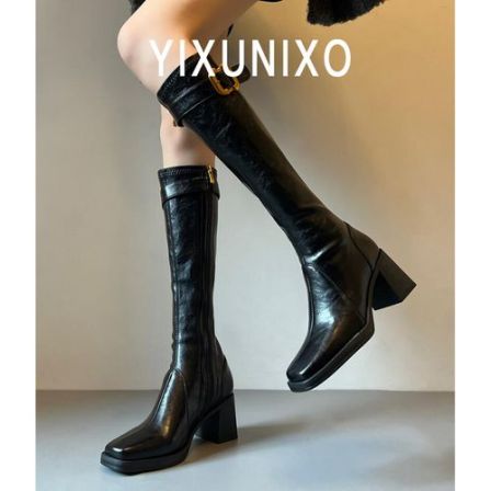 羊皮版~真皮金属扣厚底不过膝长靴粗跟长筒靴女高筒瘦瘦靴骑士靴