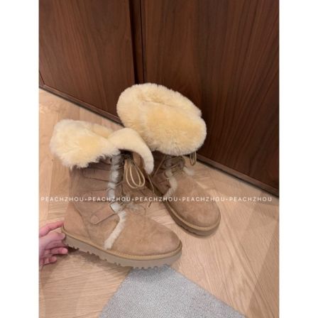 『PEACHZHOU』羊皮毛一体系带中高筒雪地靴休闲保暖加厚棉鞋女