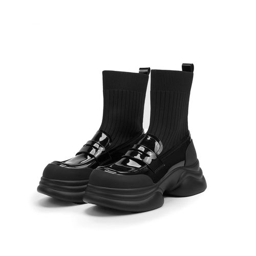 高帮乐福鞋休闲圆头休闲风女靴厚底黑色高跟秋季百搭瘦瘦靴飞织主图