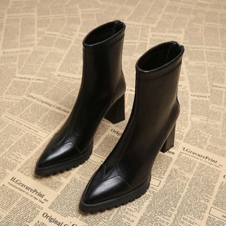 羊皮黑色小个子女士厚底增高真皮英伦短靴瘦瘦靴尖头高跟鞋秋冬季