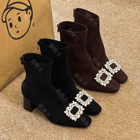 晚睡兰·内增高10cm粗跟短靴秋冬百搭法式水钻方扣绒面弹力瘦瘦靴