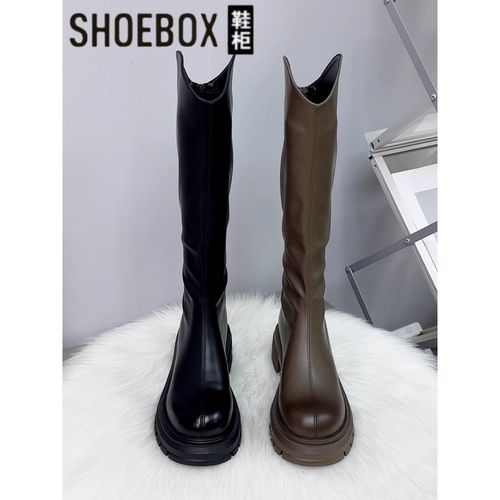 达芙妮集团鞋柜长靴女2025年秋冬季加绒高筒骑士靴厚底瘦瘦靴皮靴主图