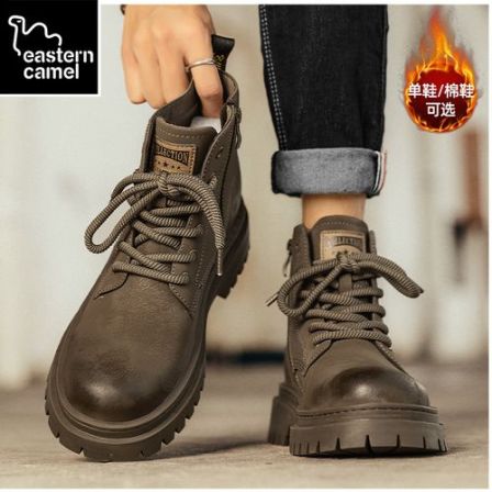 东方骆驼秋冬英伦高帮马丁靴男2025新款复古工装皮靴加绒雪地棉靴