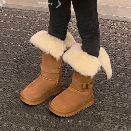 大金定制童鞋冬季栗色牛筋布加厚棉靴工装长筒保暖长靴