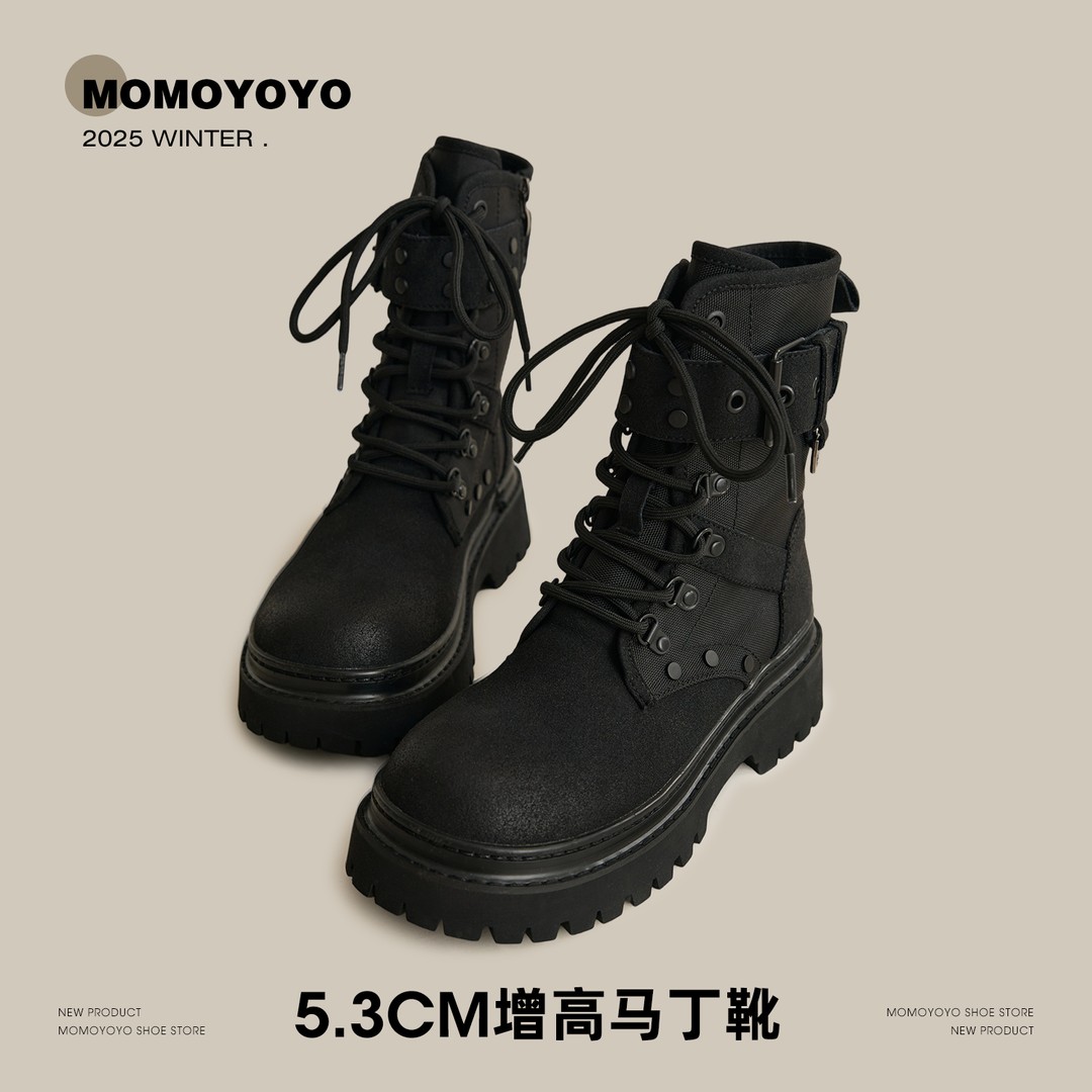 辰辰妈【飒姐】马丁皮靴女冬季复古英伦风侧拉链增高短靴25Q08039M主图