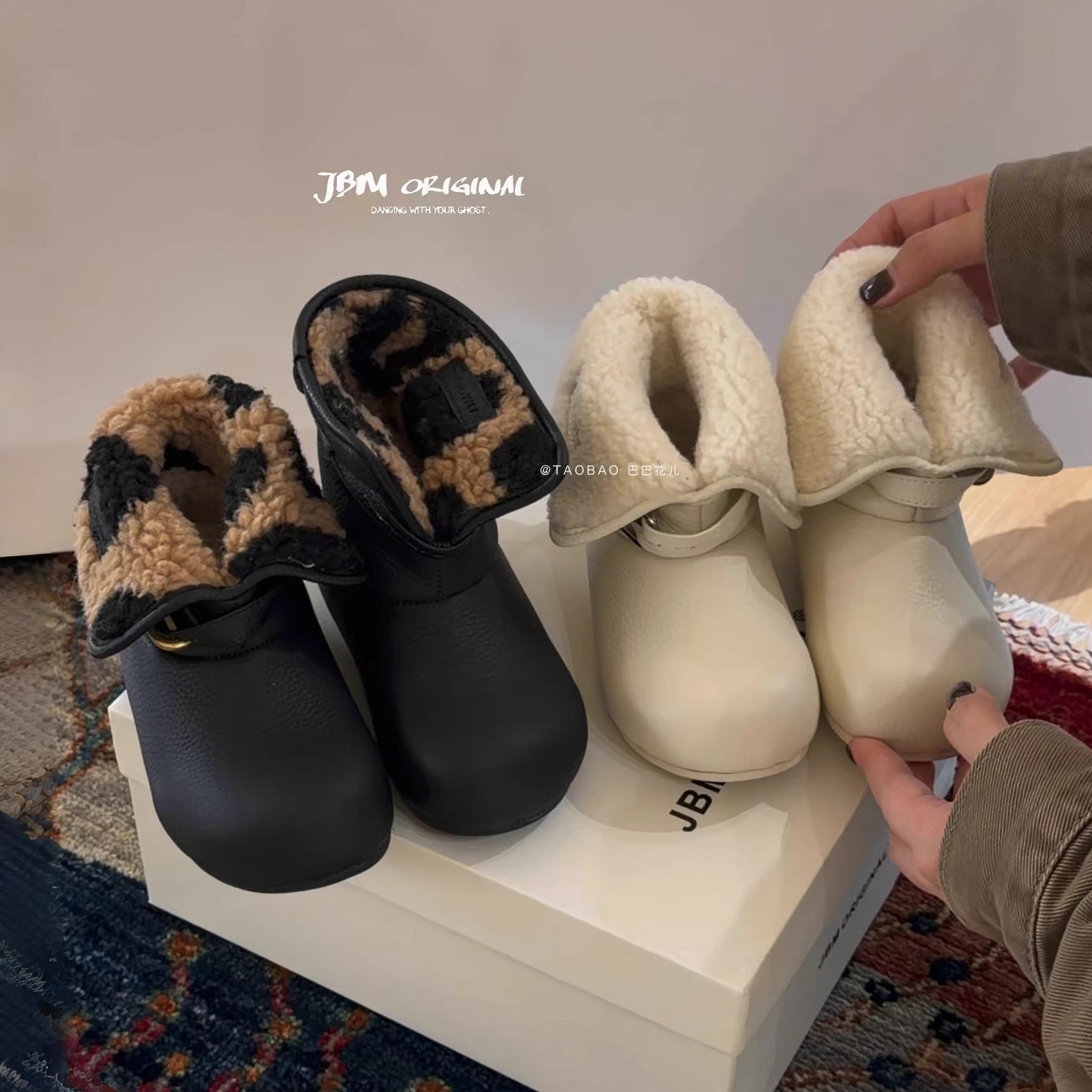 JBM秋冬新款毛毛靴女童皮靴子翻口两穿勃肯靴软底加绒短靴二棉靴主图