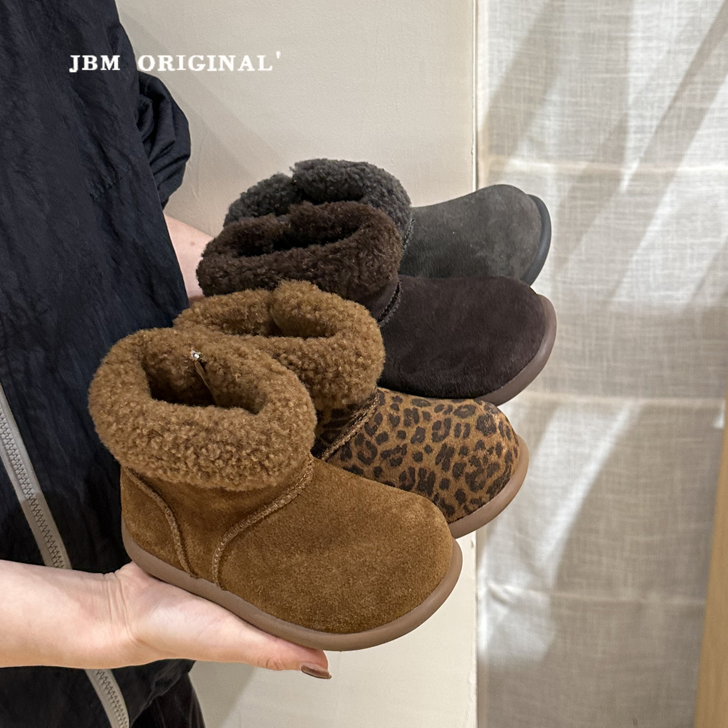 JBM 韩版冬季新款儿童毛圈口加绒保暖雪地靴男女童休闲豹纹棉短靴主图