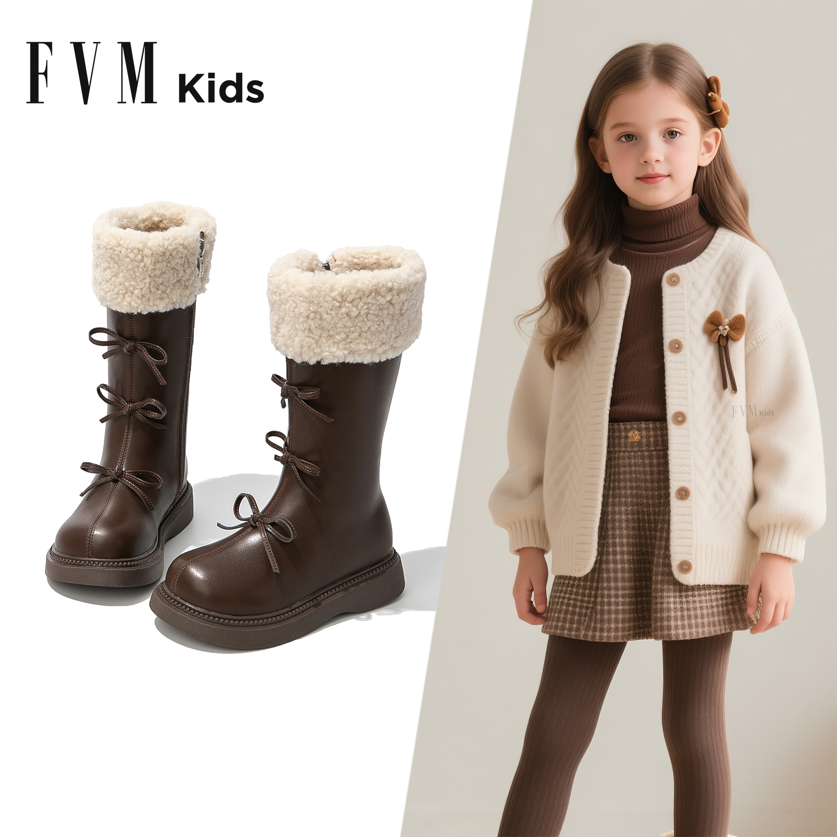 FVM女童鞋子儿童棕色长筒长靴子2025秋冬季新款女宝宝加绒雪地靴主图