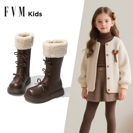 FVM女童鞋子儿童棕色长筒长靴子2025秋冬季新款女宝宝加绒雪地靴