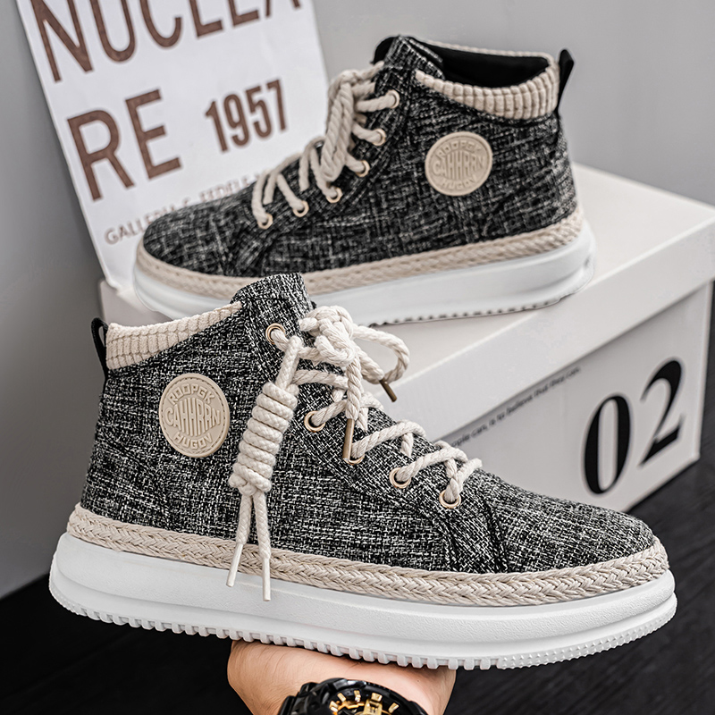 高帮男鞋2025新款秋季百搭休闲中帮板鞋男士厚底增高帆布运动潮鞋主图