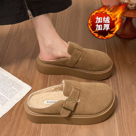 女鞋高级感加绒勃肯鞋孕妇秋冬新款厚底防滑包头半拖外穿保暖棉鞋