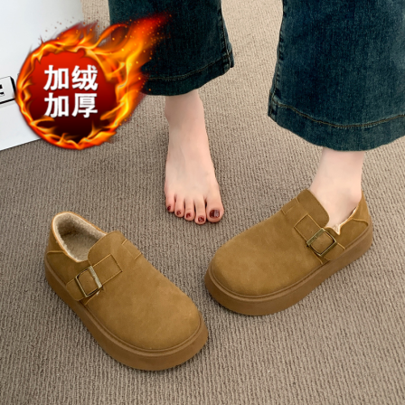 全包勃肯鞋女孕妇加绒保暖毛毛棉鞋2025新款冬季复古厚底乐福鞋女